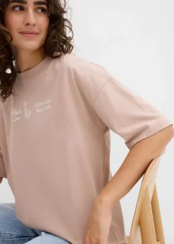 bonprix Shirts & Tops|Nachhaltigere Materialien^Longshirt aus reiner Bio-Baumwolle mandelbeige bedruckt