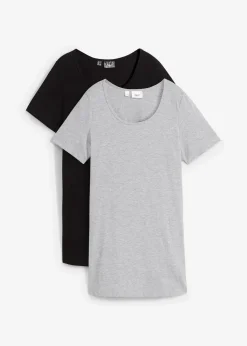 bonprix Shirts & Tops|Basics^Long-Shirt, 2er-Pack schwarz/hellgrau meliert