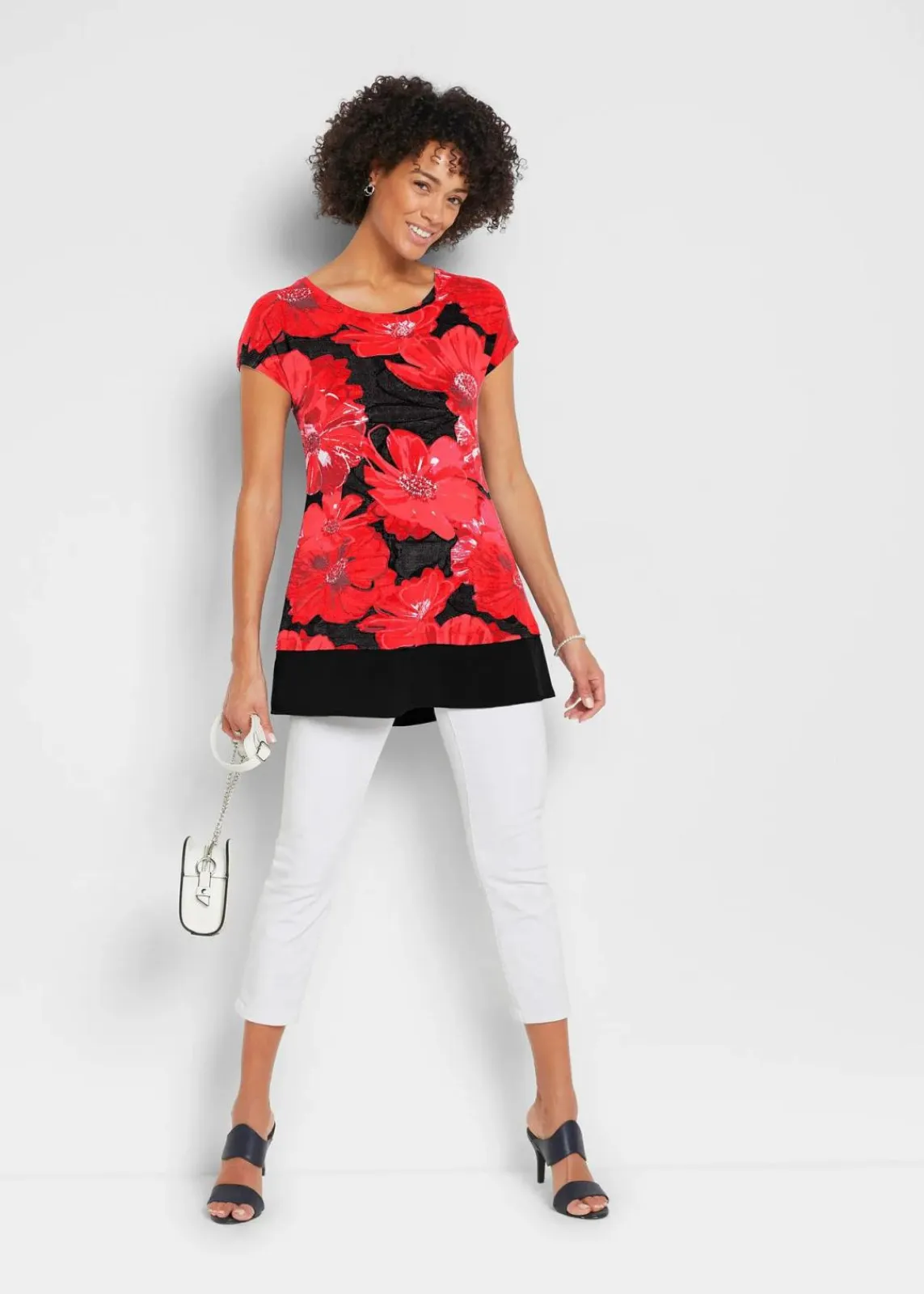 bonprix Shirts & Tops^Long-Shirt mit Chiffon schwarz/rot geblümt