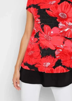 bonprix Shirts & Tops^Long-Shirt mit Chiffon schwarz/rot geblümt