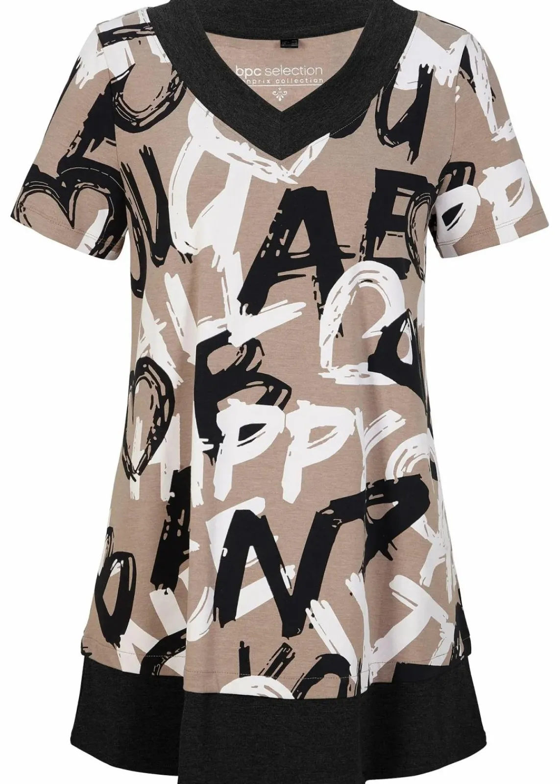 bonprix Shirts & Tops^Long-Shirt mit Kurzarm taupe / schwarz / weiß bedruckt