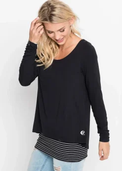 bonprix Nachhaltigere Materialien|Shirts & Tops^Longshirt mit Langarm doppellagig schwarz/weiß geringelt