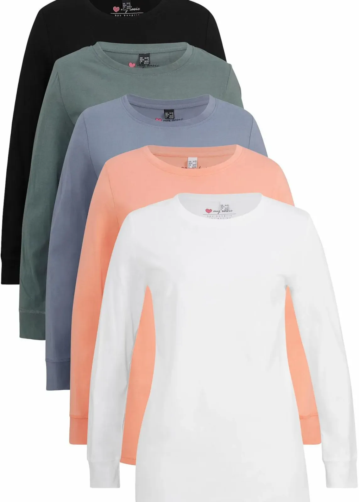 bonprix Bekleidung·Röcke|Basics^Longshirt mit Rundhalsausschnitt, Langarm (5er Pack) eukalyptusgrün + pfirsich + rauchblau + weiß + schwarz