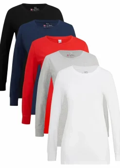 bonprix Shirts & Tops|Basics^Longshirt mit Rundhalsausschnitt, Langarm (5er Pack) schwarz + erdbeere + hellgrau meliert + weiß + dunkelblau