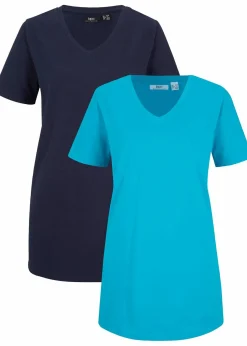 bonprix Basics|Bekleidung·Röcke^Longshirt mit V-Ausschnitt (2er Pack) türkis+dunkelblau