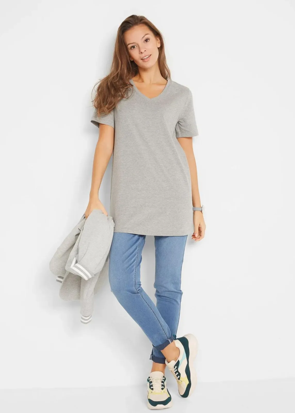 bonprix Basics|Bekleidung·Röcke^Longshirt mit V-Ausschnitt (2er Pack) hellgrau meliert+anthrazit meliert