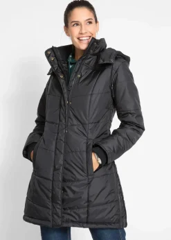 bonprix Bekleidung·Hosen|Jacken & Mäntel^Long-Steppjacke, wattiert mit Kragen und Kapuze schwarz