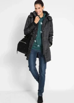 bonprix Bekleidung·Hosen|Jacken & Mäntel^Long-Steppjacke, wattiert mit Kragen und Kapuze schwarz