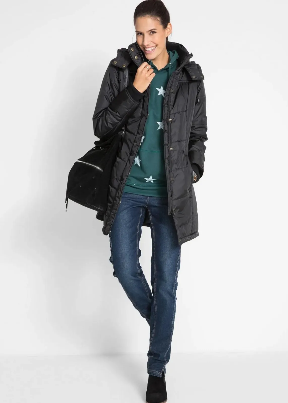 bonprix Bekleidung·Hosen|Jacken & Mäntel^Long-Steppjacke, wattiert mit Kragen und Kapuze schwarz
