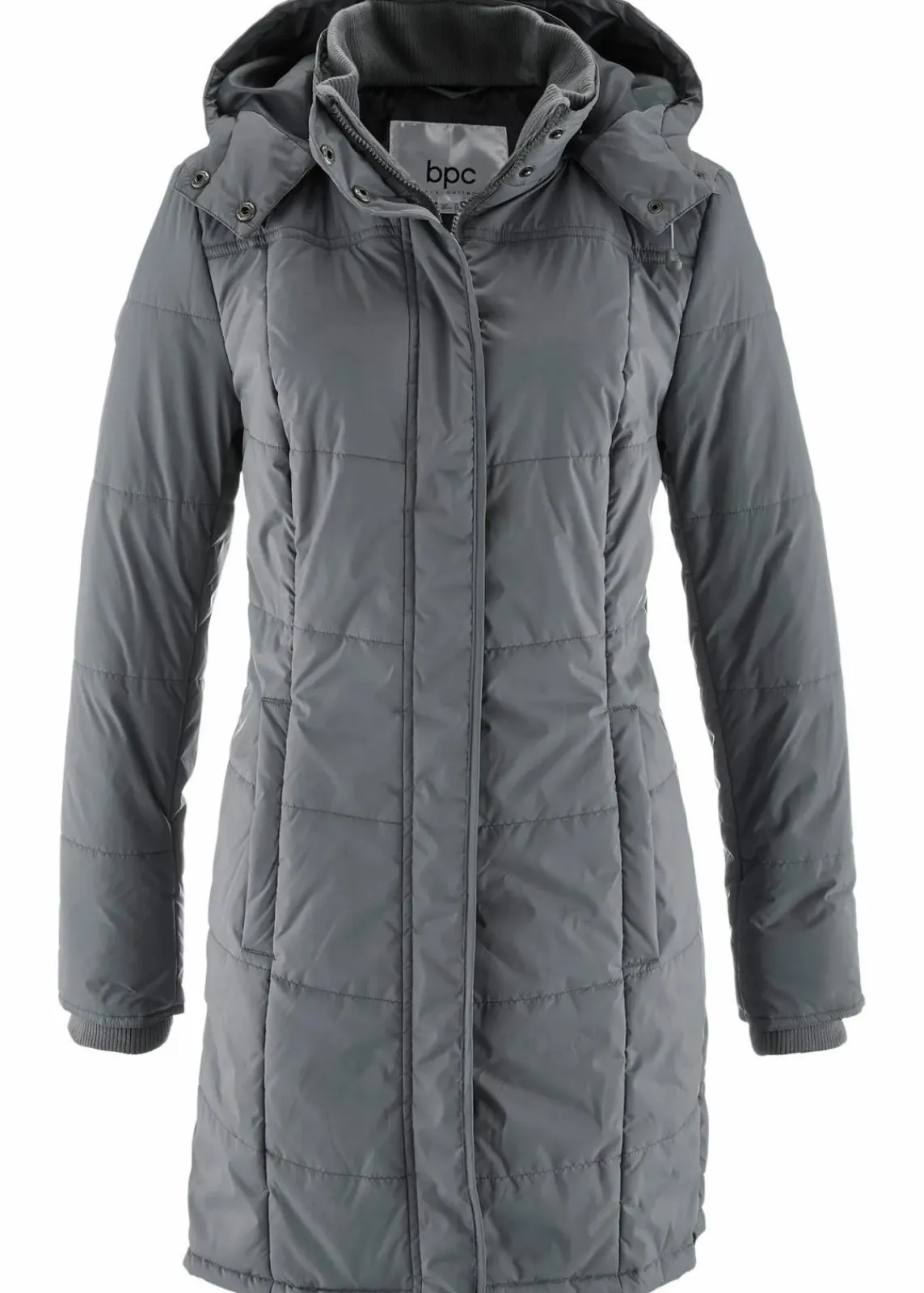 bonprix Jacken & Mäntel|Bekleidung·Hosen^Long-Steppjacke, wattiert mit Kragen und Kapuze rauchgrau