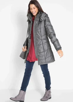 bonprix Jacken & Mäntel|Bekleidung·Hosen^Long-Steppjacke, wattiert mit Kragen und Kapuze rauchgrau