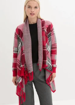 bonprix Bekleidung·Umstandsmode|Bekleidung·Jeans^Longstrickjacke mit Fransen granatrot kariert