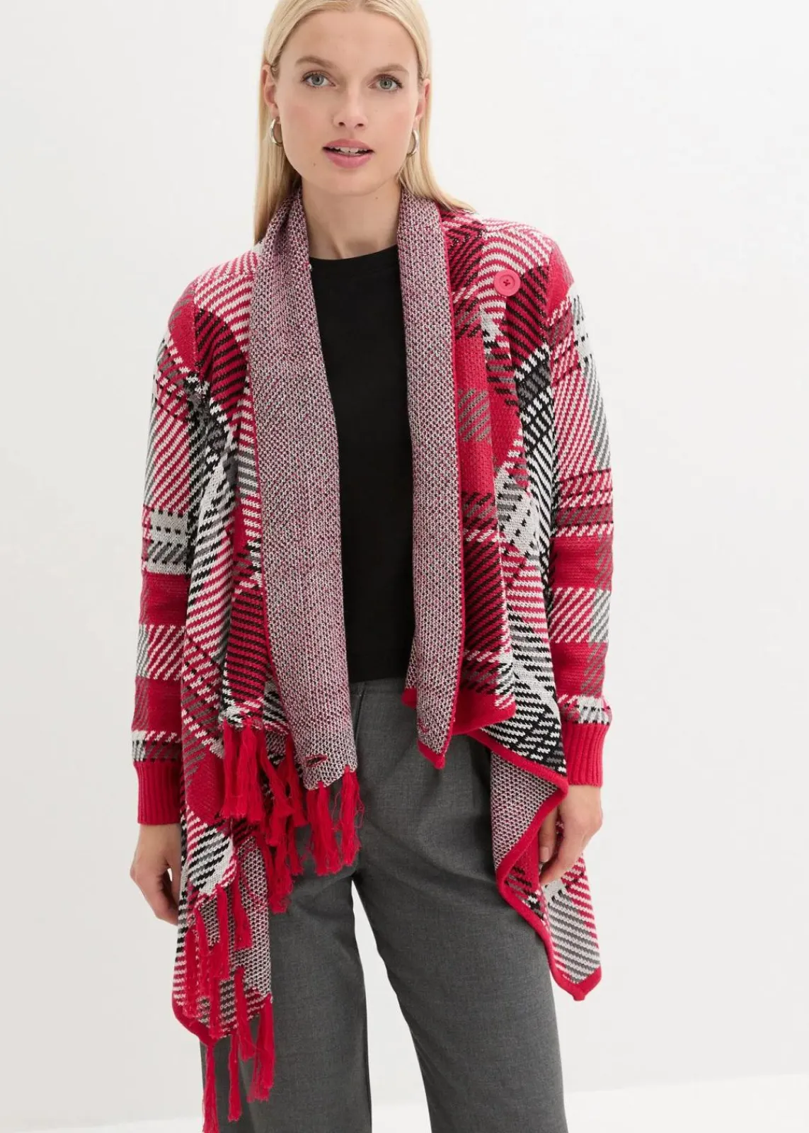 bonprix Bekleidung·Umstandsmode|Bekleidung·Jeans^Longstrickjacke mit Fransen granatrot kariert