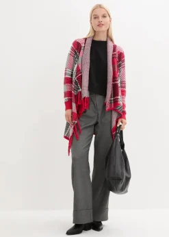bonprix Bekleidung·Umstandsmode|Bekleidung·Jeans^Longstrickjacke mit Fransen granatrot kariert