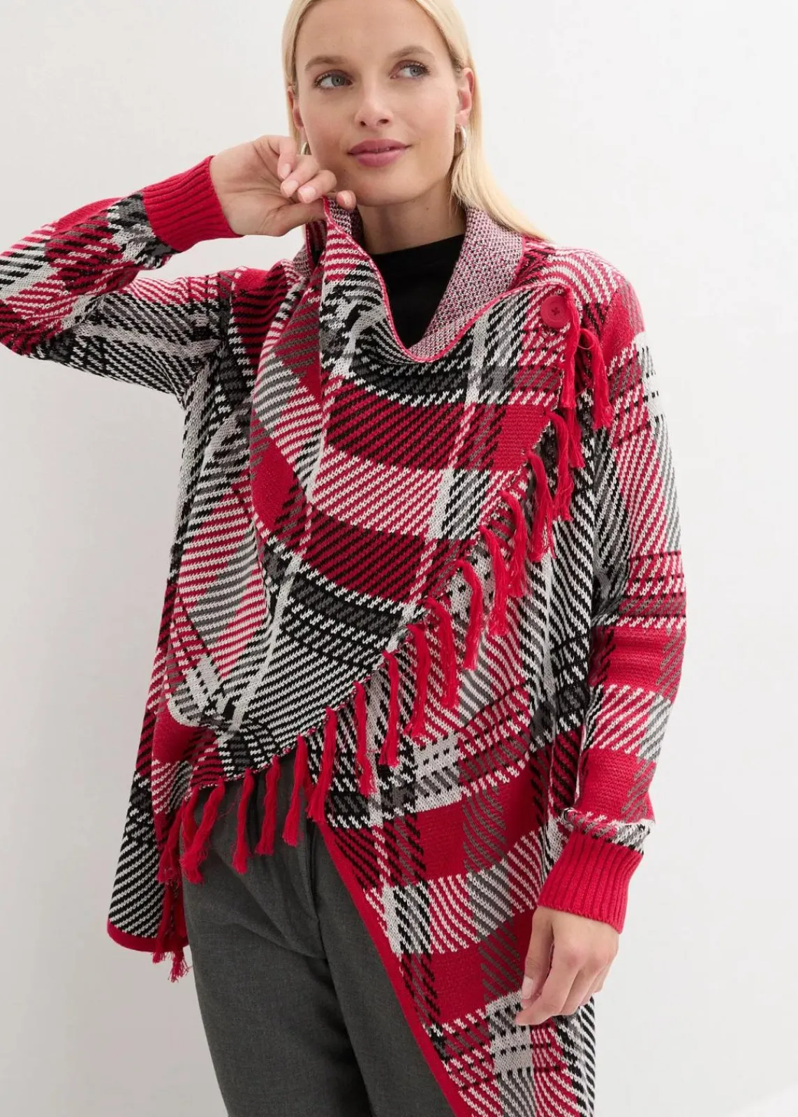 bonprix Bekleidung·Umstandsmode|Bekleidung·Jeans^Longstrickjacke mit Fransen granatrot kariert