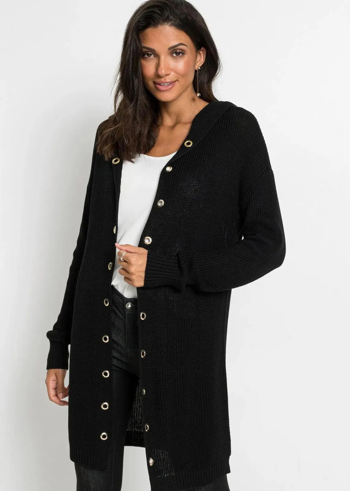 bonprix Bekleidung·Umstandsmode|Bekleidung·Jeans^Longstrickjacke mit Kapuze schwarz