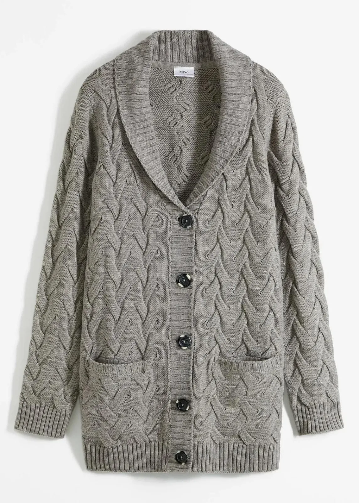 bonprix Bekleidung·Umstandsmode|Pullover & Strickjacken^Longstrickjacke mit Schalkragen und Zopfmuster grau meliert