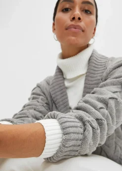 bonprix Bekleidung·Umstandsmode|Pullover & Strickjacken^Longstrickjacke mit Schalkragen und Zopfmuster grau meliert