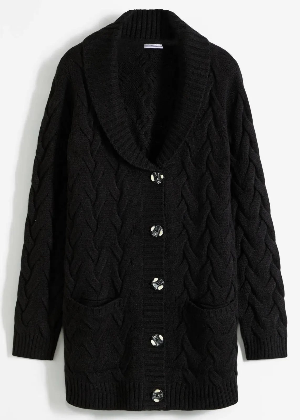 bonprix Bekleidung·Umstandsmode|Pullover & Strickjacken^Longstrickjacke mit Schalkragen und Zopfmuster schwarz