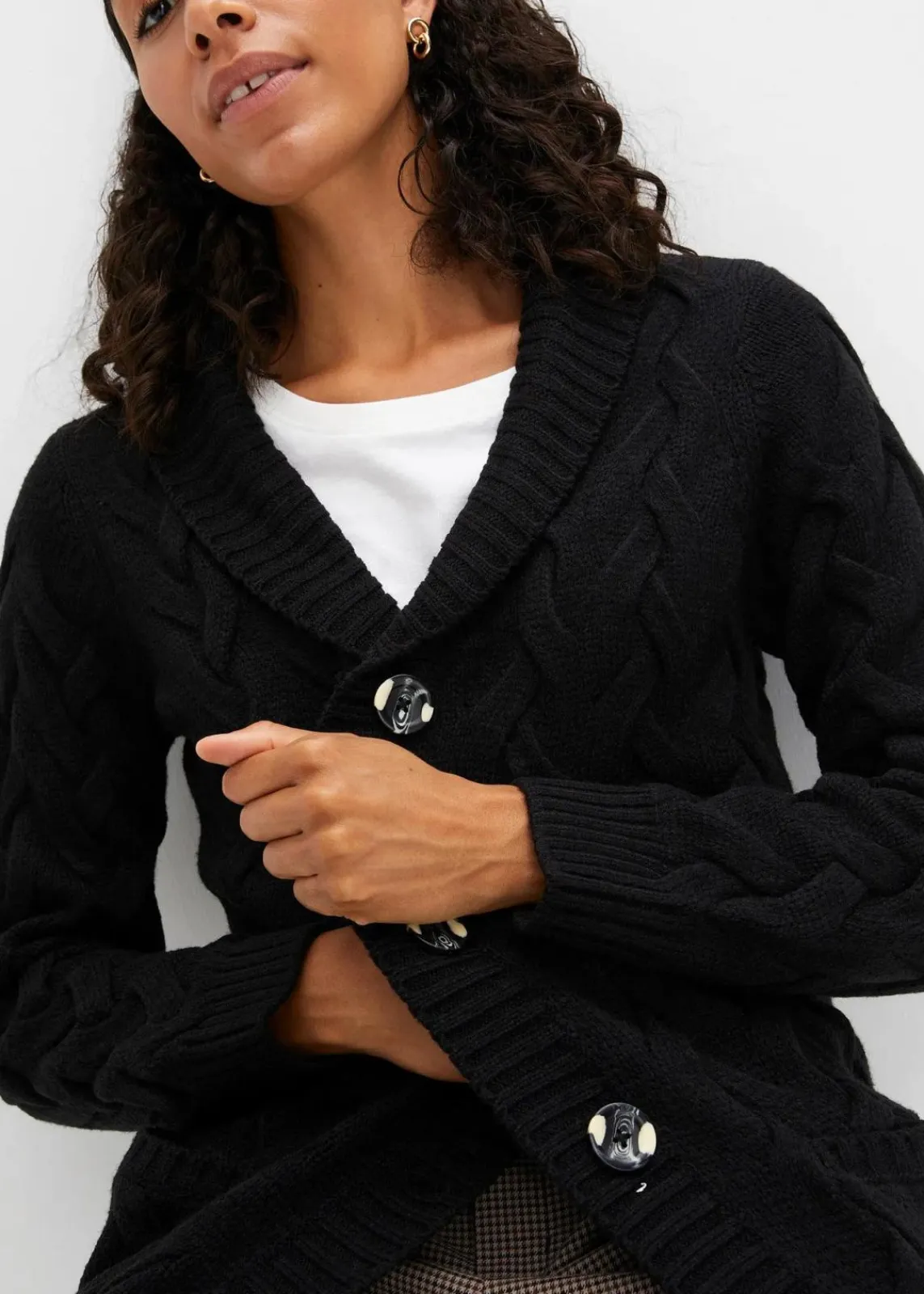 bonprix Bekleidung·Umstandsmode|Pullover & Strickjacken^Longstrickjacke mit Schalkragen und Zopfmuster schwarz
