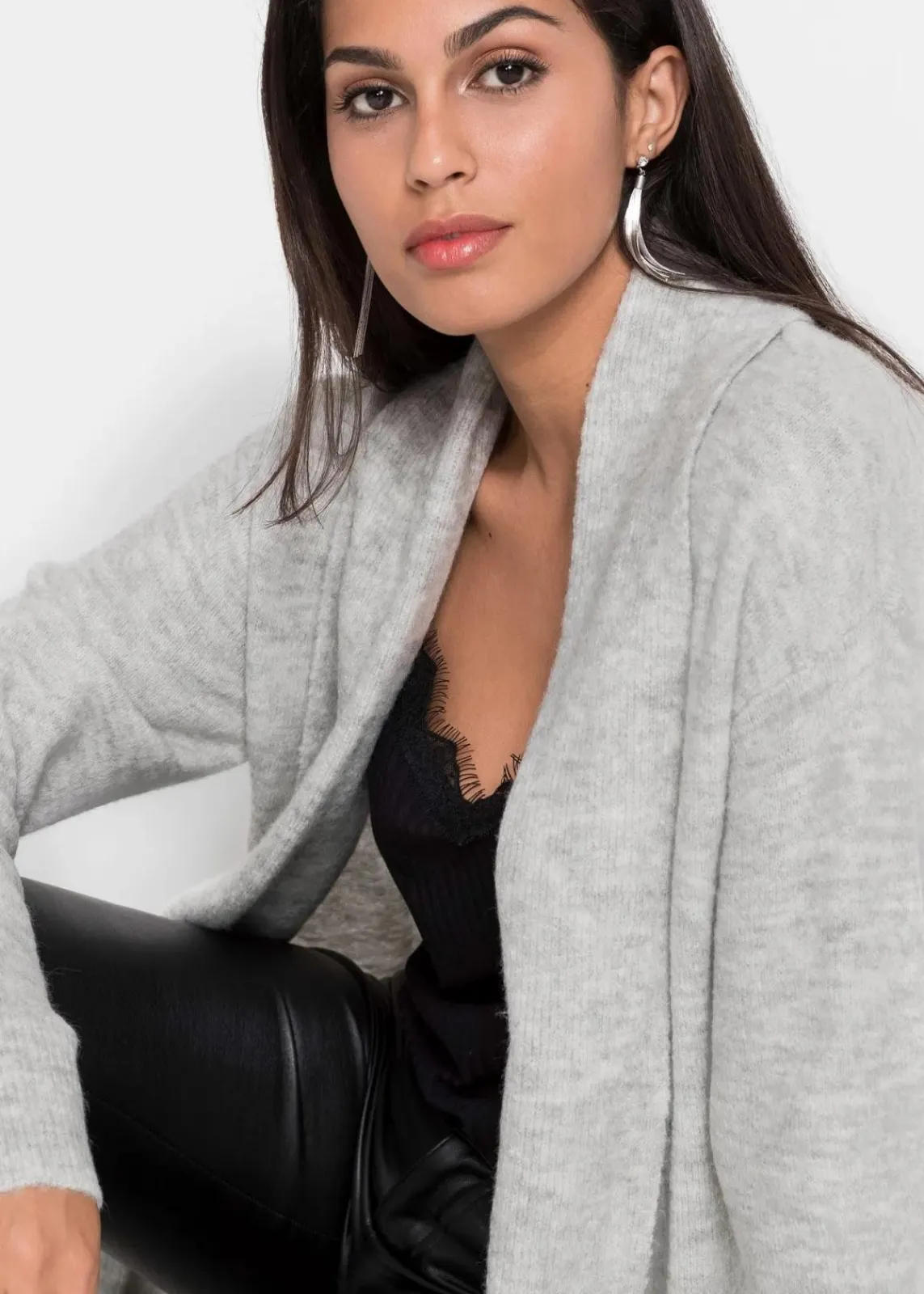 bonprix Bekleidung·Umstandsmode|Bekleidung·Jeans^Longstrickjacke mit Schalkragen hellgrau meliert