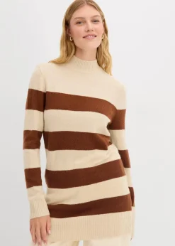 bonprix Pullover & Strickjacken|Basics^Long-Strickpullover ziegelbraun/hellsand gestreift