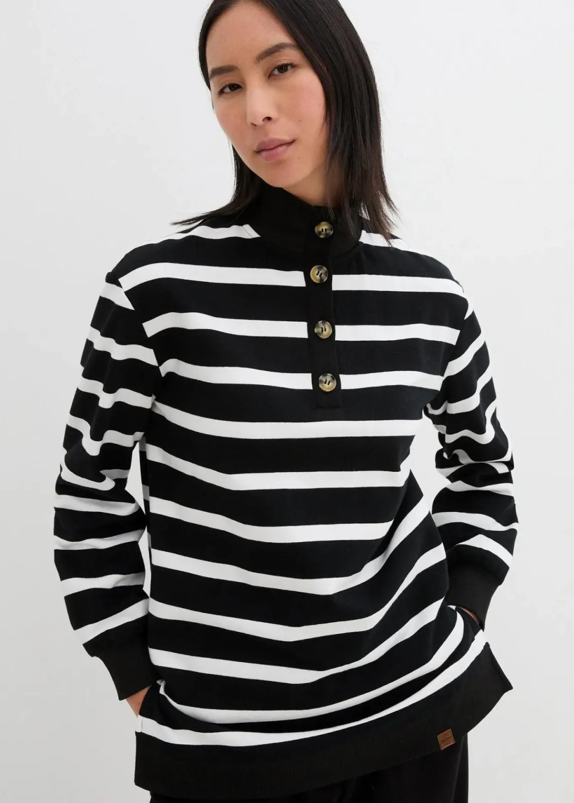 bonprix Bekleidung·Blusen & Tuniken|Sweat^Longsweatshirt mit Troyer-Kragen schwarz/weiß gestreift