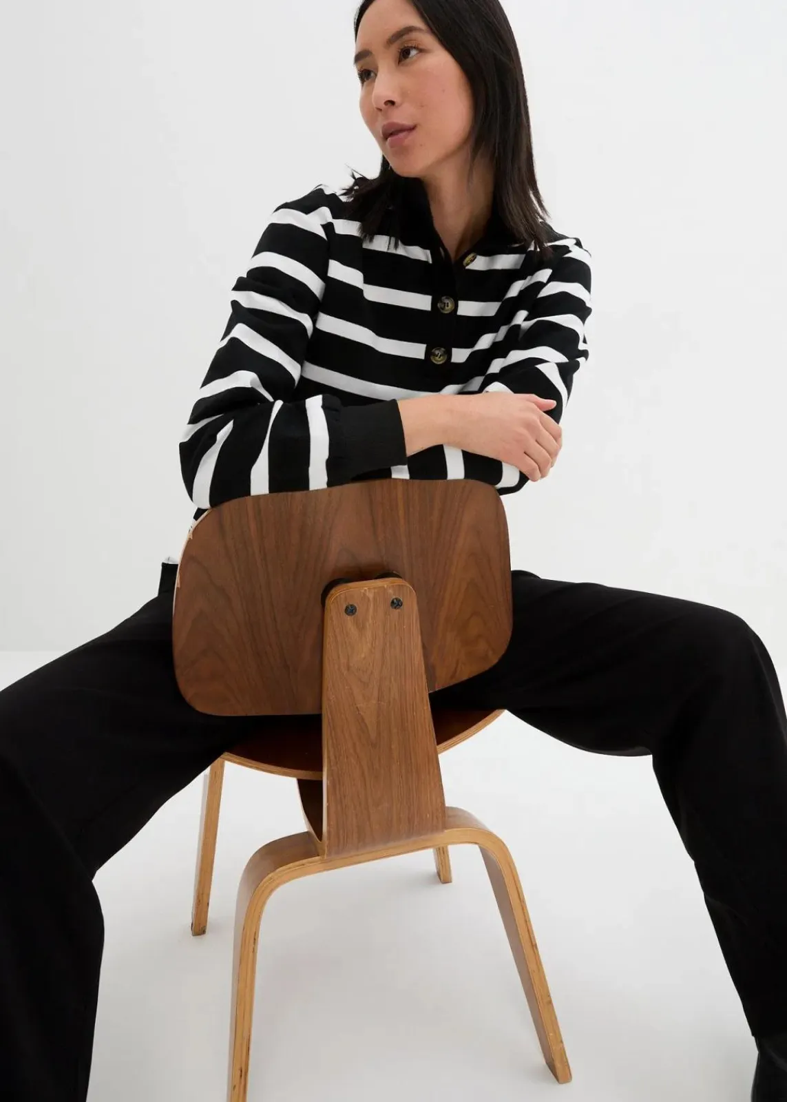 bonprix Bekleidung·Blusen & Tuniken|Sweat^Longsweatshirt mit Troyer-Kragen schwarz/weiß gestreift
