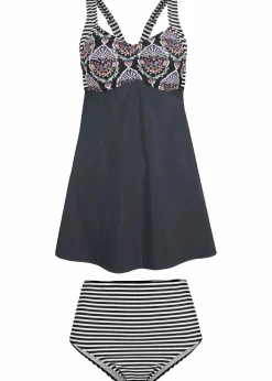 bonprix Nachhaltigere Materialien|Bedeckende Bademode^Long-Tankini (2-tlg. Set) mit Highwaist-Bikinihose schwarz graphisch