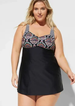 bonprix Nachhaltigere Materialien|Bedeckende Bademode^Long-Tankini (2-tlg. Set) mit Highwaist-Bikinihose schwarz graphisch