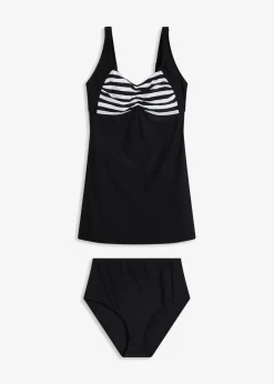bonprix Nachhaltigere Materialien|Bedeckende Bademode^Long-Tankini (2-tlg. Set) mit Highwaist-Bikinihose schwarz/weiß