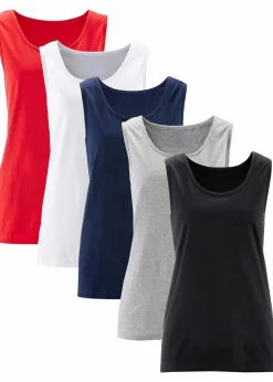 bonprix Shirts & Tops|Basics^Long-Top aus reiner Baumwolle (5er Pack) erdbeere + weiß + hellgrau meliert + dunkelblau + schwarz