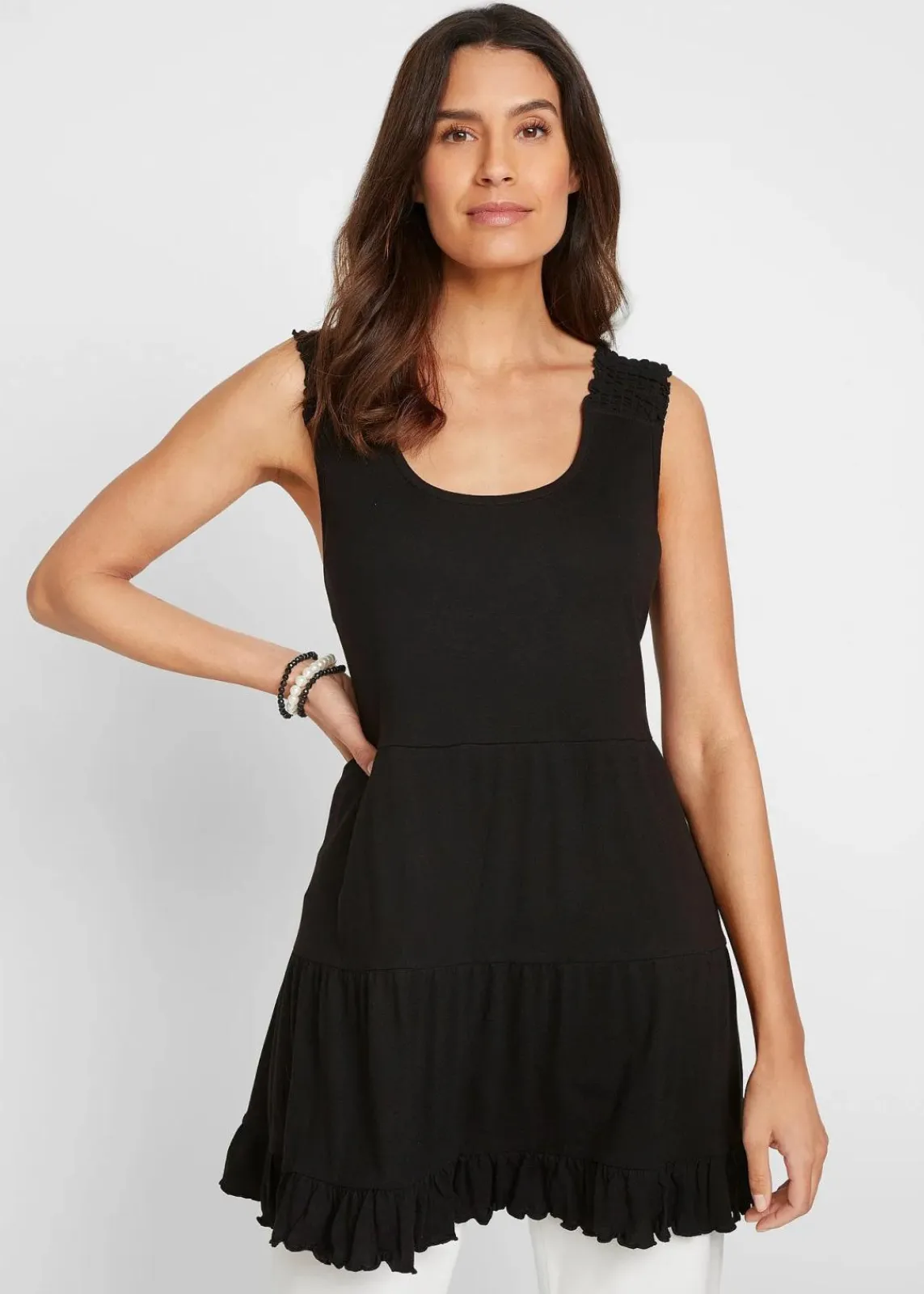 bonprix Nachhaltigere Materialien|Shirts & Tops^Long-Top mit Volants und breiten Trägern schwarz