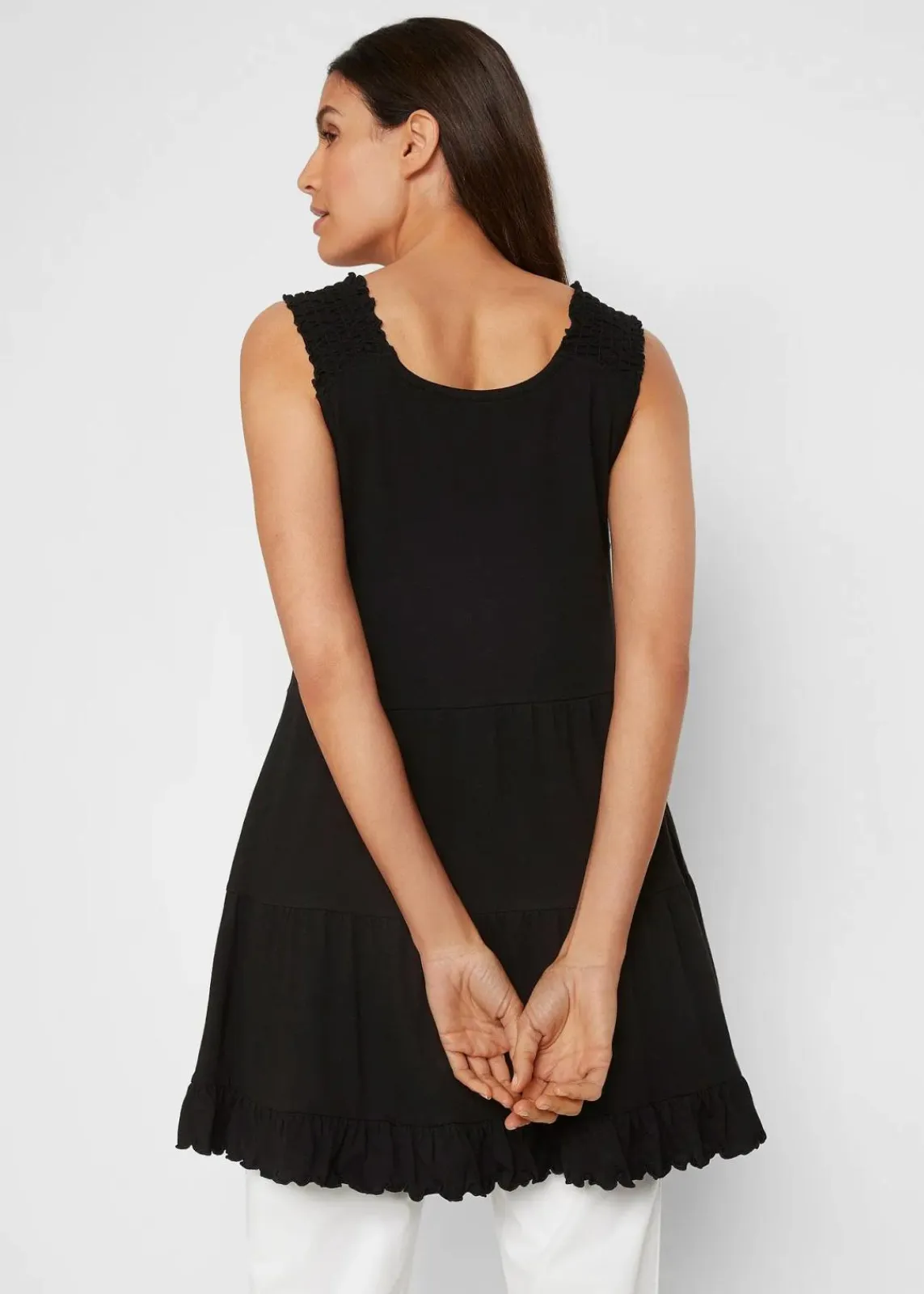 bonprix Nachhaltigere Materialien|Shirts & Tops^Long-Top mit Volants und breiten Trägern schwarz