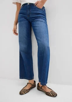 bonprix Bekleidung·Shirts & Tops|Jeans^Loose Straight-Jeans Mid Waist, cropped blau denim used