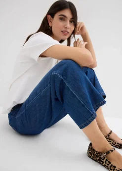 bonprix Bekleidung·Shirts & Tops|Jeans^Loose Straight-Jeans Mid Waist, cropped blau denim used
