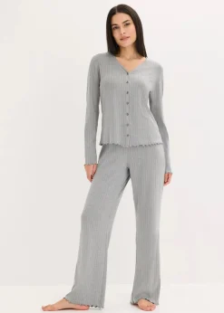 bonprix Wäsche·Homewear|Wäsche·Nachtwäsche^Loungewear Hausanzug aus weichem Pointelle-Jersey grau meliert