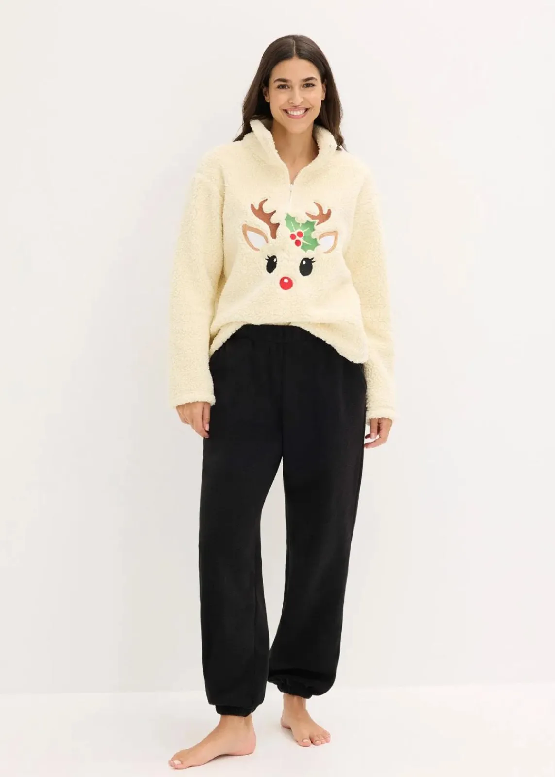 bonprix Wäsche·Homewear|Wäsche·Nachtwäsche^Loungewear Teddy Hausanzug mit Fleecehose naturbeige/schwarz bestickt