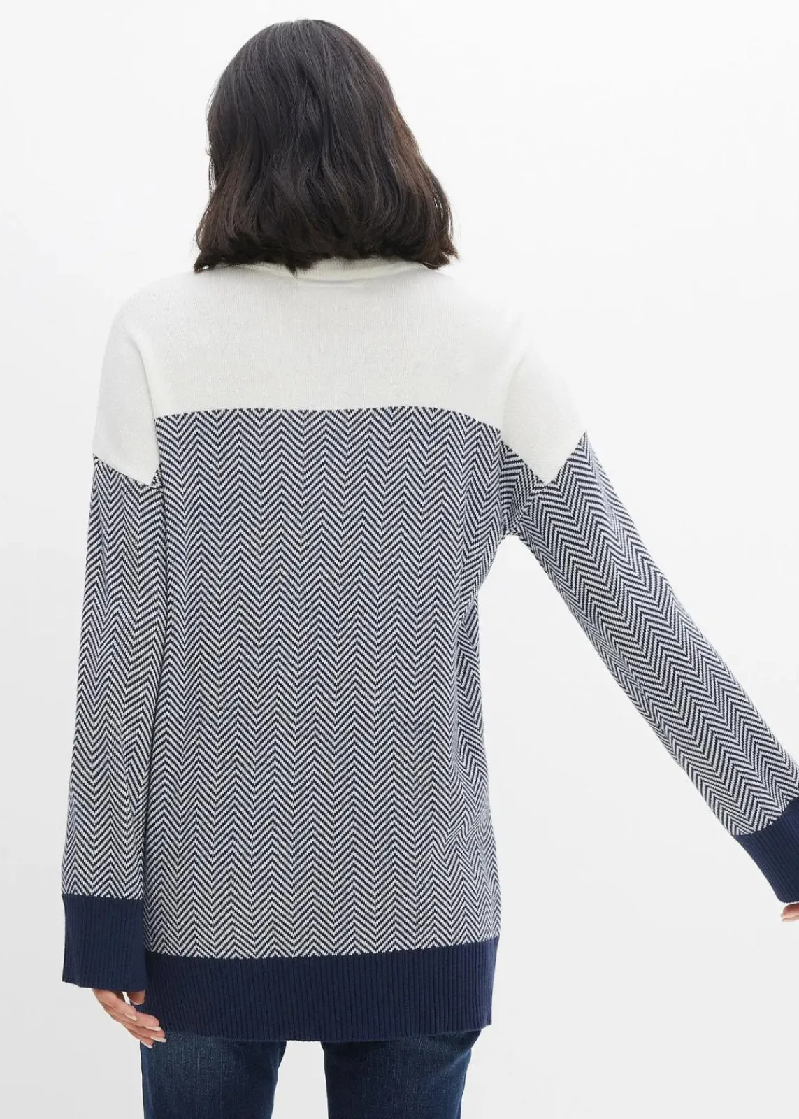 bonprix Bekleidung·Umstandsmode|Bekleidung·Jeans^Lässiger Longpullover wollweiß/dunkelblau graphisch