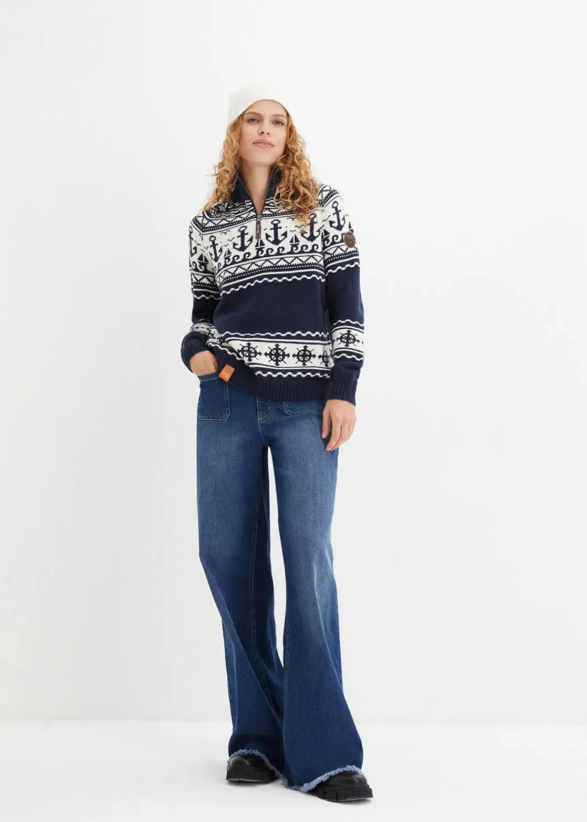 bonprix Bekleidung·Umstandsmode|Bekleidung·Jeans^Maritimer Norweger-Pullover dunkelblau/wollweiß norwegermuster