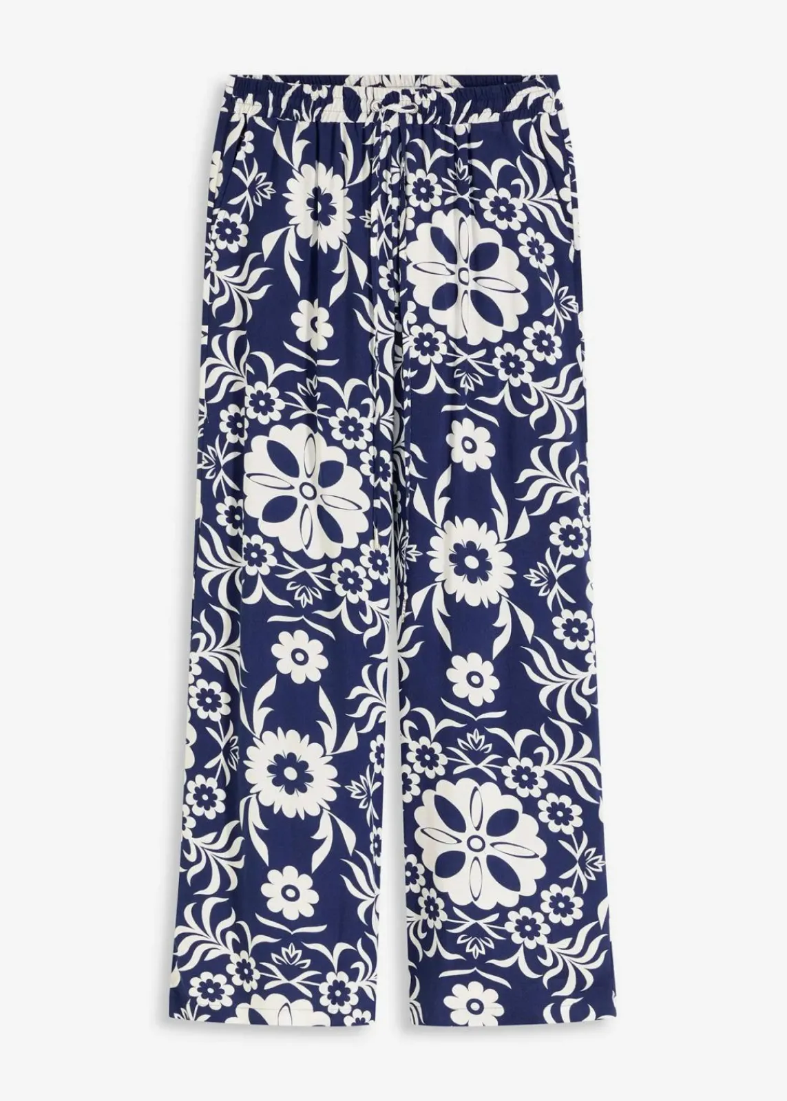 bonprix Nachhaltigere Materialien|Hosen^Marlenehose aus fließender Viskose tiefseeblau/wollweiß bedruckt