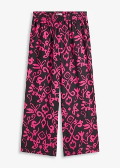 bonprix Hosen|Kurzgrößen^Marlenehose aus fließender Viskose schwarz/pink bedruckt