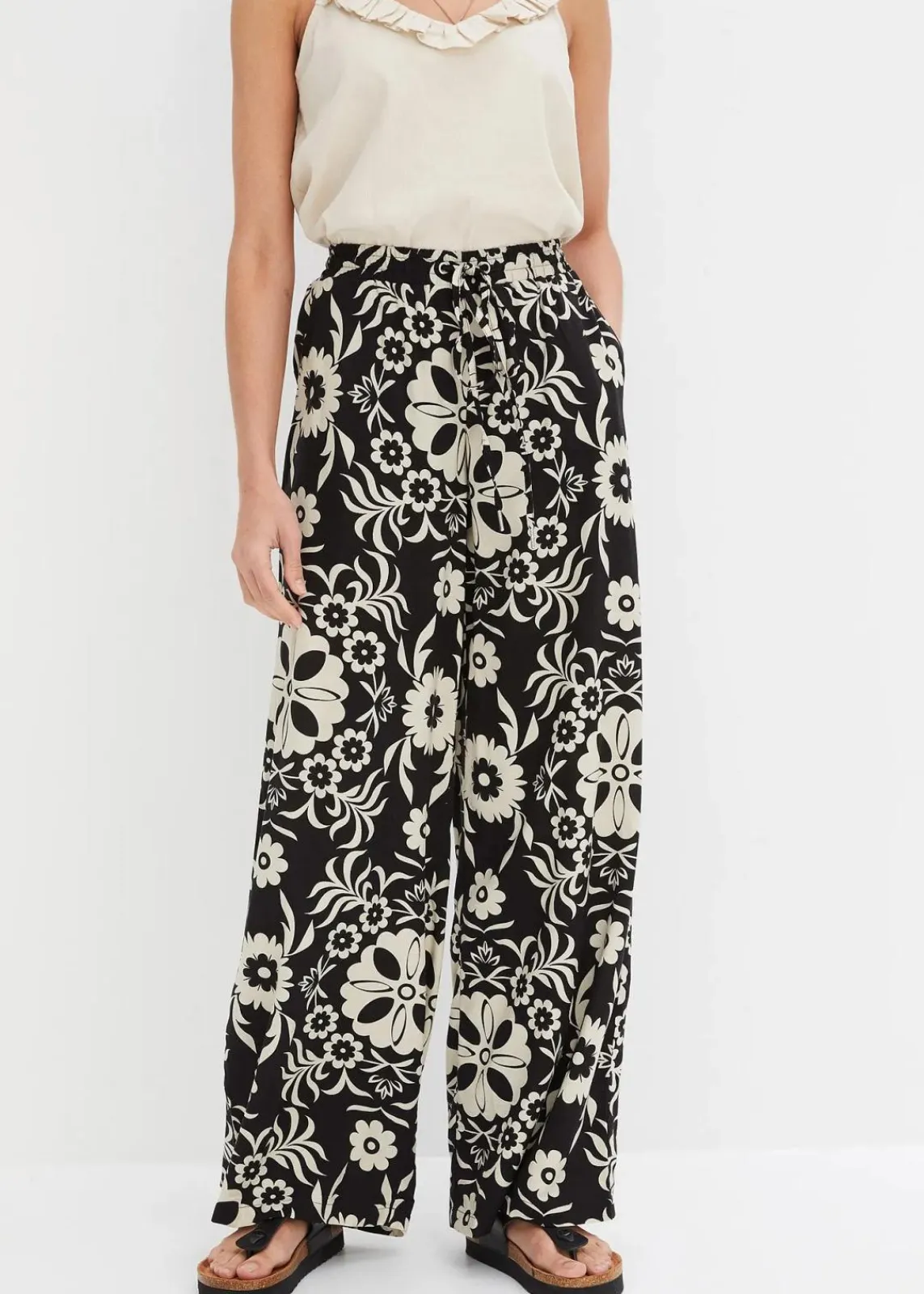 bonprix Bekleidung·Kleider|Hosen^Marlenehose aus fließender Viskose schwarz/kieselbeige bedruckt