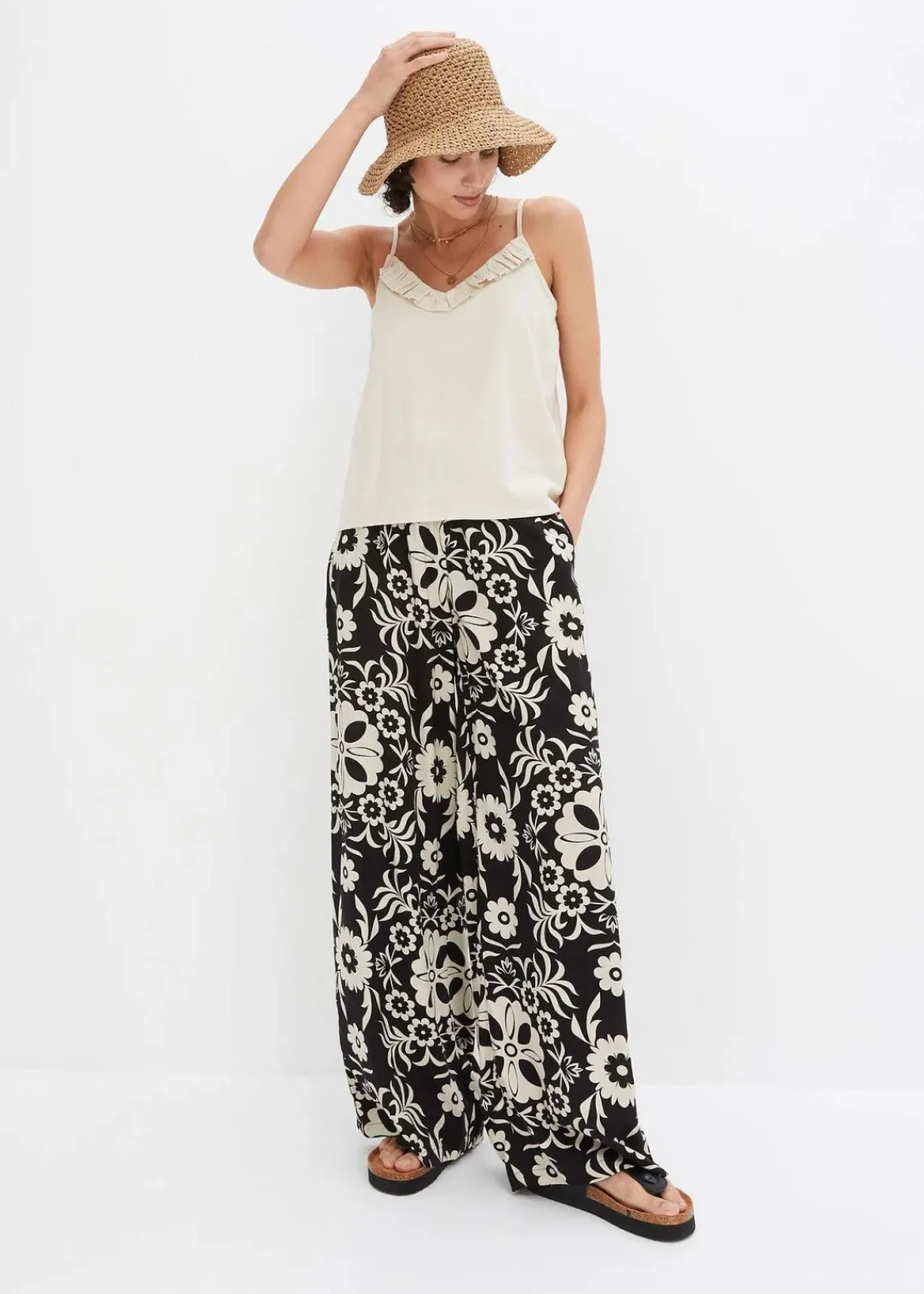 bonprix Bekleidung·Kleider|Hosen^Marlenehose aus fließender Viskose schwarz/kieselbeige bedruckt