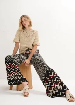 bonprix Kurzgrößen|Bekleidung·Kleider^Marlenehose aus fließender Viskose schwarz/sand graphisch