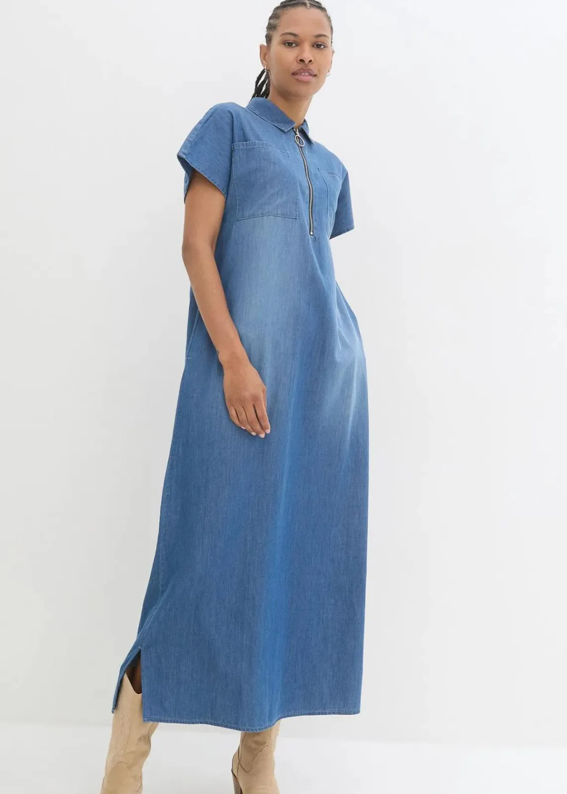 bonprix Bekleidung·Pullover & Strickjacken|Kleider^Maxi-Jeanskleid blau denim used