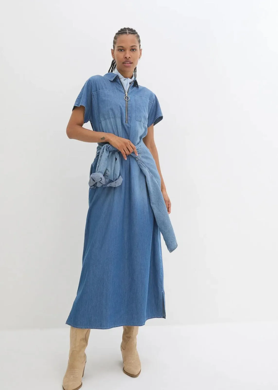 bonprix Bekleidung·Pullover & Strickjacken|Kleider^Maxi-Jeanskleid blau denim used
