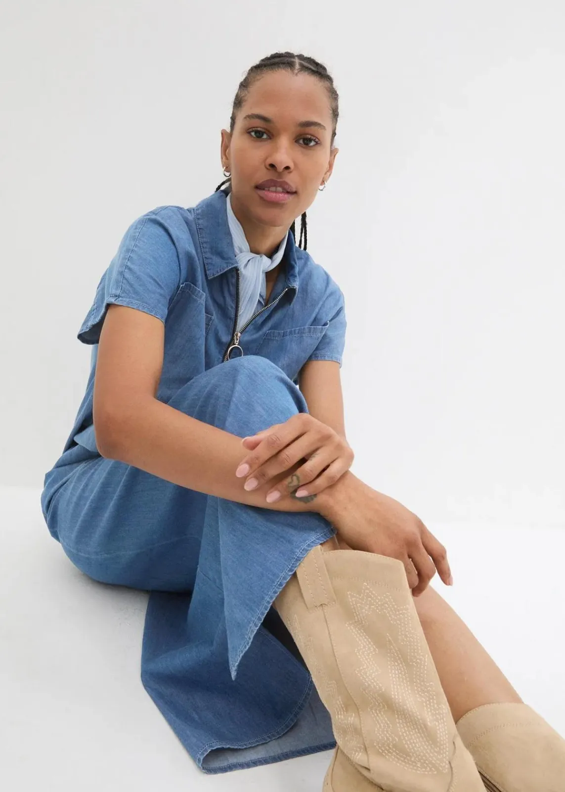 bonprix Bekleidung·Pullover & Strickjacken|Kleider^Maxi-Jeanskleid blau denim used