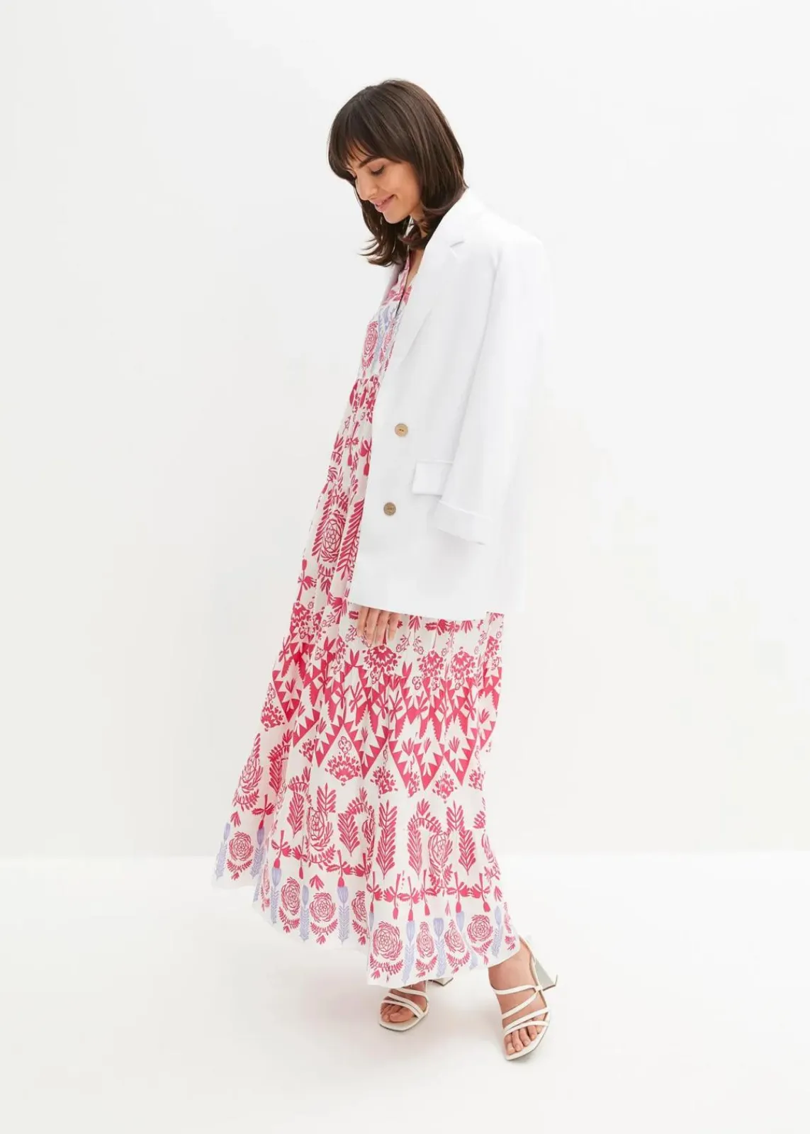 bonprix Nachhaltigere Materialien|Kleider^Maxikleid weiß/pink/blaulila bedruckt