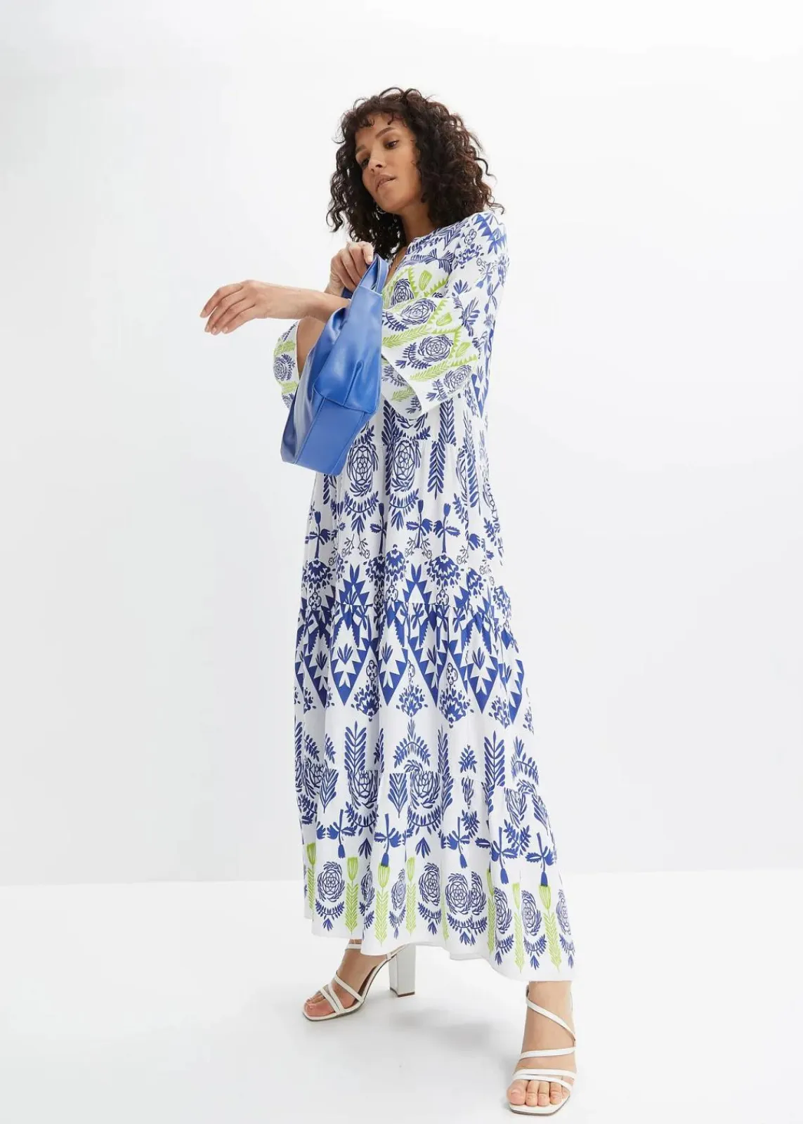 bonprix Bekleidung·Pullover & Strickjacken|Kleider^Maxikleid weiss/blau/grün bedruckt